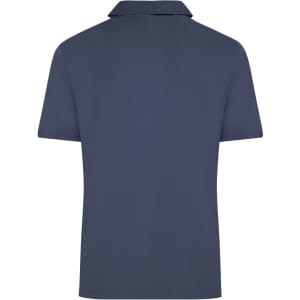 A navy blue men's active polo shirt with a classic collar and short sleeves, featuring a logo.