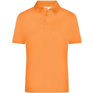 A short-sleeved men's active polo shirt in bright orange with a collar and three buttons, featuring a logo.