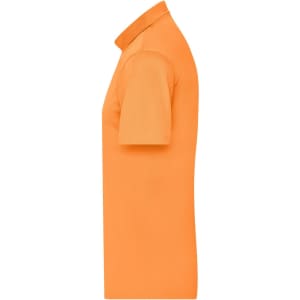 An orange men's active polo shirt featuring a collar and short sleeves. It has a branding logo on the fabric.
