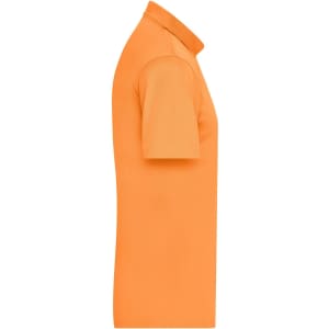 An orange men's active polo shirt displayed from the side, featuring a classic collar and short sleeves.