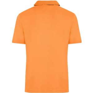 An orange men's active polo shirt with a classic collar and short sleeves. It features a logo on the fabric.