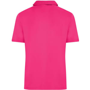 A pink men's active polo shirt featuring a classic collar and short sleeves, with a logo on the back.
