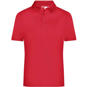A red men's active polo shirt featuring a classic collar and three-button placket. It has a logo on the chest.