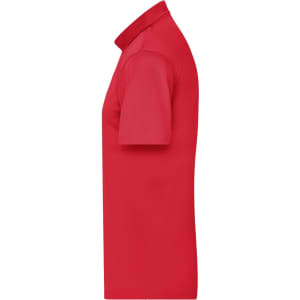 A red men's active polo shirt displayed from the side, featuring a classic collar and short sleeves. It has a logo.