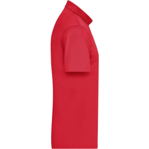 A red men's polo shirt featuring short sleeves and a collar, with a logo on the front.