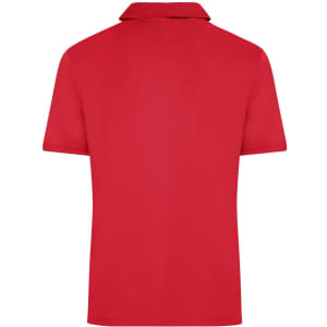 A red men's active polo shirt with a classic collar and short sleeves, featuring a logo on the front.