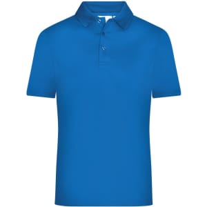 A blue men's active polo shirt with a collar and buttons, featuring a logo on the chest.