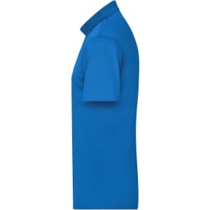 A bright blue men's active polo shirt displayed from a side view, featuring a collar and short sleeves.