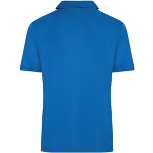 A blue men's active polo shirt with a collared neckline and short sleeves. The shirt has a logo on it.