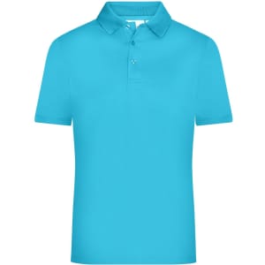 A turquoise men's active polo shirt featuring a standard collar and three-button placket, with a logo on the side.