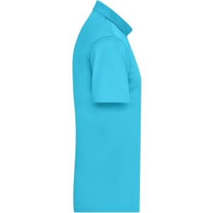 A bright turquoise men's active polo shirt displayed sideways, featuring a classic collar and short sleeves.