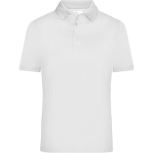 A plain white men's polo shirt with a collar and a logo on the chest.