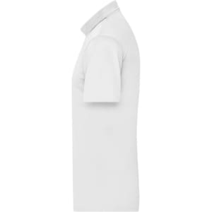 A white men's active polo shirt displayed from the side, featuring a collar and short sleeves. It includes a logo.