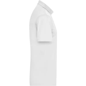 A white men's active polo shirt featuring short sleeves and a collar, with a brand logo.