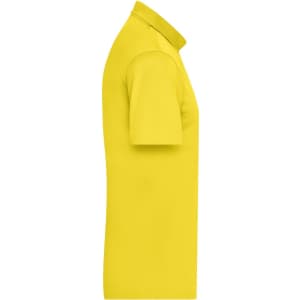 A yellow men's active polo shirt with a classic collar and short sleeves, featuring a logo.