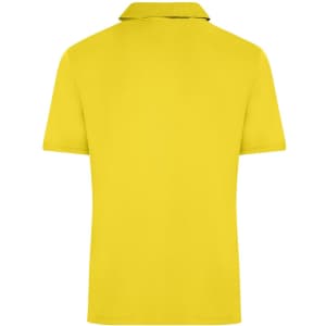 A yellow men's active polo shirt featuring a collar and short sleeves, with a logo on the back.