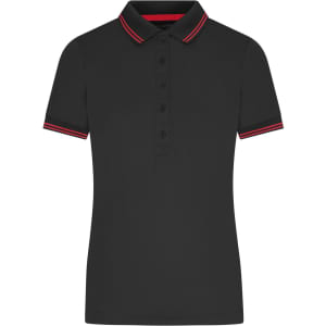 A black ladies' polo shirt with red striped collar and sleeve detailing. Features a logo on the chest.