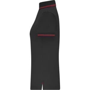 A black polo shirt with red accents and a collar, featuring a logo on the side.