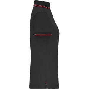 A black ladies' polo shirt with short sleeves and red accents. It features a stylish design and branding.
