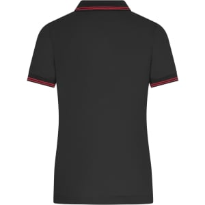 A black polo shirt with red detailing, featuring a collar and short sleeves. It has a logo on the front.