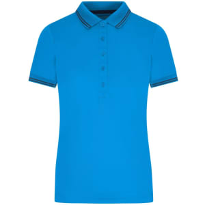 A blue ladies polo shirt featuring a collar and button placket, with contrasting striped detailing.