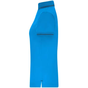 A blue ladies' functional polo shirt featuring a classic collar and contrasting stripes on the sleeves.