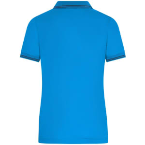 A blue ladies' polo shirt featuring contrasting stripes on the collar and sleeves, with a subtle logo.
