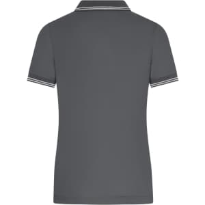 A grey ladies' polo shirt featuring a collar and striped detailing, with a logo displayed on the back.