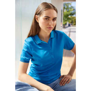 A blue ladies' functional polo shirt displayed on a model, featuring a collar and buttons, with a logo present.
