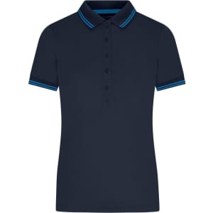 A navy polo shirt with a collar and blue striped detailing, featuring buttons and a logo.