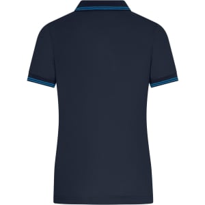 A navy women's polo shirt featuring a contrasting collar and sleeve details, with a branding logo present.