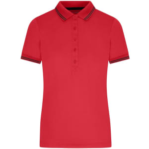 A red ladies' polo shirt with a collared neck and contrasting striped detailing. It features a logo on the chest.