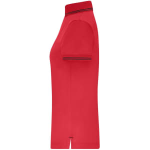 A red ladies' functional polo shirt featuring short sleeves and a trim design. It has a branding logo.