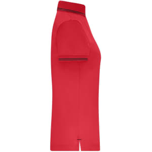 A red polo shirt with short sleeves, featuring a collar and a logo.