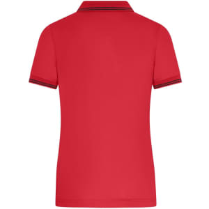 A red ladies' polo shirt featuring a collar and contrasting trim, with a logo on the back.