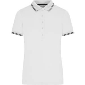 A white ladies' functional polo shirt with a collar and black striped detailing on the sleeves and collar.