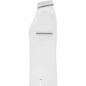 A white ladies' functional polo shirt with contrasting stripes on the collar and sleeves. It features a logo.