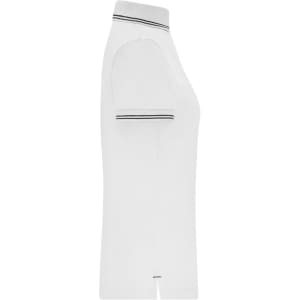 A white ladies' polo shirt features a classic collar and striped details on the sleeves. It has a logo on the chest.