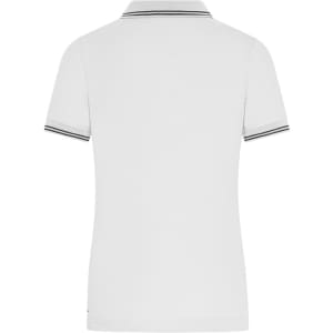 A white polo shirt with contrasting striped detailing on the collar and sleeves, featuring a logo.