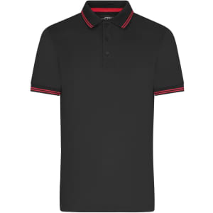 A black polo shirt featuring red striped detailing on the collar and sleeves, with a branding logo.