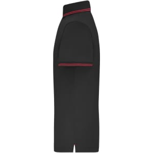 A black men's polo shirt featuring contrasting red trim on the collar and sleeves, with a logo.