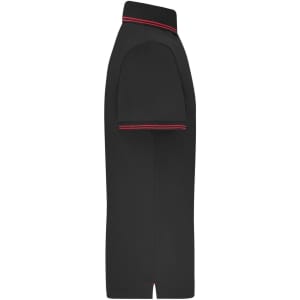 A black men's polo shirt with short sleeves and red accents along the collar and sleeves, featuring a logo.