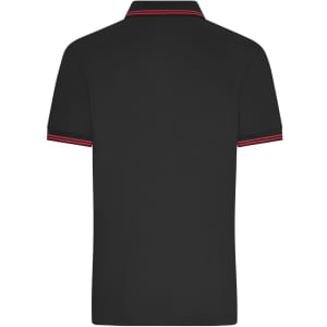 A black polo shirt featuring red accent stripes on the collar and sleeves. It has a logo on the front.