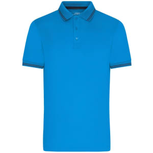 A blue men's polo shirt with a classic collar and contrasting stripes on the sleeves. It features a logo on the chest.