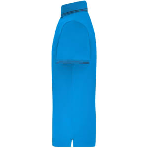 A blue men's functional polo shirt with a collar and short sleeves, featuring a logo.