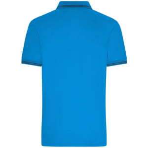 A blue men's polo shirt with a collar and striped detailing. It features a logo.