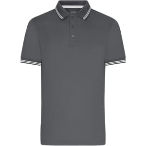 A grey polo shirt with white striped detailing on the collar and sleeves, featuring a logo.
