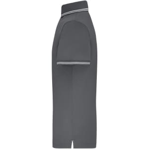 A grey men's functional polo shirt with a collared neck and white striped detailing on the sleeves.