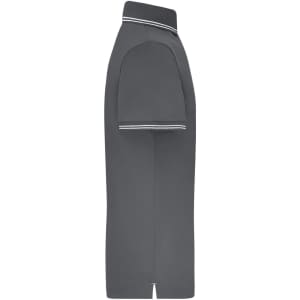 A grey men's functional polo shirt featuring short sleeves and contrasting stripes on the collar.