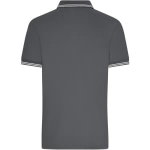A grey men's polo shirt with contrasting white stripes on the collar and sleeves, featuring a logo.